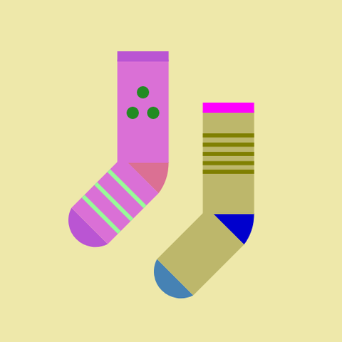 Two socks: One is an Orchid sock with a PaleVioletRed heel, a MediumOrchid toe, and a MediumOrchid cuff, with three ForestGreen dots in a triangle on the leg and three PaleGreen stripes on the foot, and the other is a DarkKhaki sock with a MediumBlue heel, a SteelBlue toe, and a Magenta cuff, with five Olive stripes on the leg, all on a PaleGoldenrod background.
