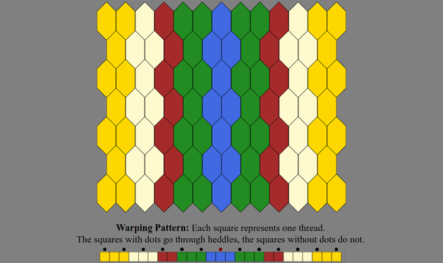 An Inkle weaving diagram and warping pattern in the color sequence listed in the text description: The warping pattern is a line of colored boxes with small dots above every other one, above which it states: "Warping Pattern: Each square represents one thread. The squares with dots go through heddles, the squares without dots do not." The weaving diagram is a series of tessellated lozenge shaped tiles illustrating how the pattern will appear when woven.