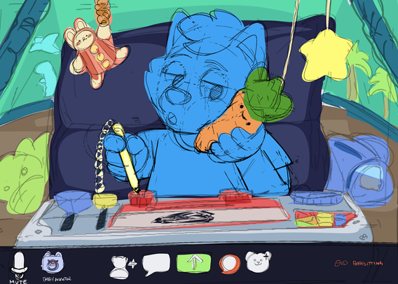 ych of a baby fursona sitting in front of a toy desk pretending to take a phone call