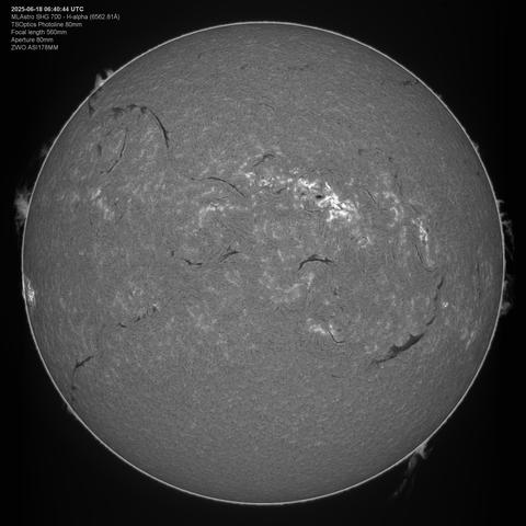The sun in H-alpha, captured on June 18, 2025 at 6:40 UTC. It shows very high contrast image and highlights beautiful proms.