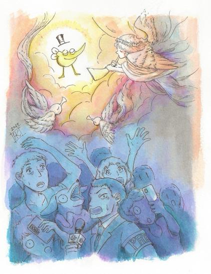 Watercolor comic illustration. Untrimmed version of Fodongo cover. La Rana, our beloved cartoony frog with silk hat and round wings, are coming down from the heavenly sky. People are being surprised and awe on the ground.