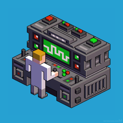 Isometric pixel art, showing a scientist operating an enigmatic large computer with a graph on a display.