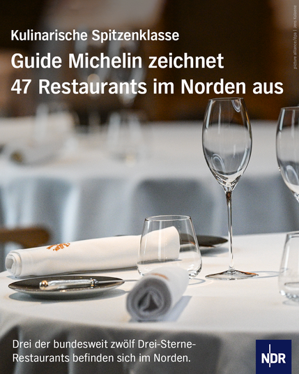 Foto von einen Restaurant-Tisch. Dazu der text: Kulinarische Spitzenklasse: Guide Michelin zeichnet 47 Restaurants im Norden aus. Drei der bundesweit zwölf Drei-Sterne-Restaurants befinden sich im Norden.