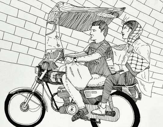 A man and a woman riding a motorbike.