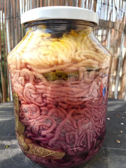 Yet another view on the same mason jar. From bottom to top: purple, pink, red tones, a sage leaf, natural and yellow coloured yarn.