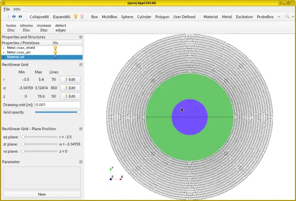 3D model of a coax cable, constructed and meshed in cylindrical coordinates. Only the cross-section is shown, so it looks like polar coordinates.