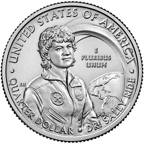 A U.S. quarter featuring Dr. Sally Ride, the first American woman in space. The coin shows her portrait in an astronaut suit, with the Earth depicted in the background, and includes the inscriptions "UNITED STATES OF AMERICA," "E