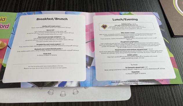 The menu for complementary food in first class