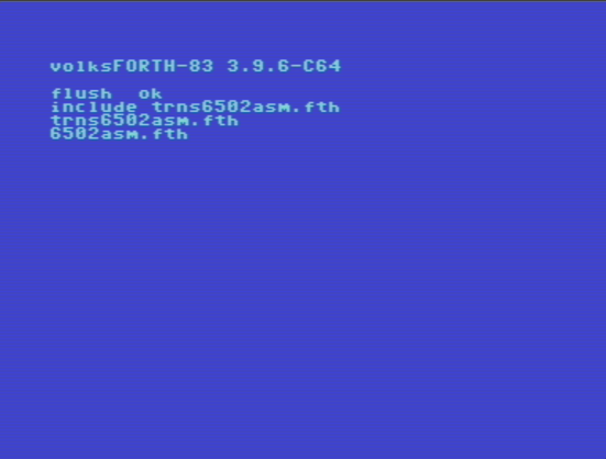 Current VolksForth 3.9.6 for the Commodore 64 microcomputer demostrating the INCLUDE word, reading code from a text file (SEQ format)