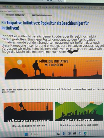 Das Bild zeigt ein digitales Poster, das für "Partizipative Initiativen" wirbt und die Popkultur als Katalysator für das Engagement betont. Es enthält einen Text in deutscher Sprache, der Gemeinschaftsinitiativen fordert und zum Ausdruck bringt, dass jede Initiative zählt. Es gibt visuell auffällige Grafiken mit Silhouetten von Menschen und Landschaften,