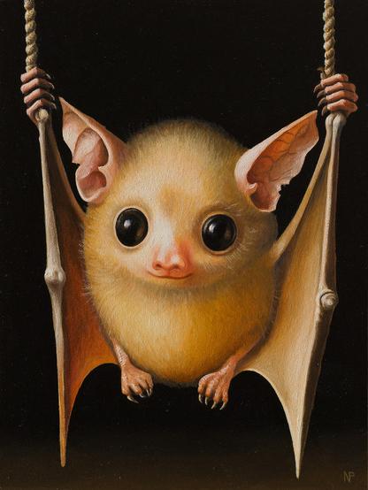 Mischung aus Fledermaus, Hamster und Höllenwesen, das sich an zwei Seilen festhält, aber cute!