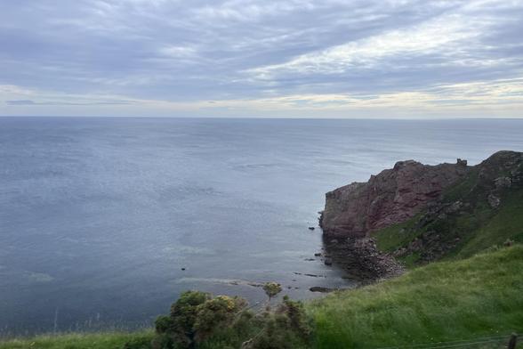 View of the calm sea on a cloudy day, in the foreground grass, with a rocky headland to the right.
