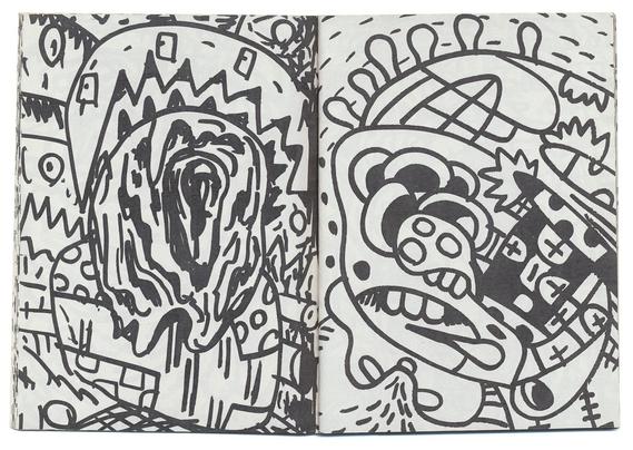 double page imprimée en noir sur blanc.
Deux dessins fantastiques et organiques, comme des gros plans de synapses, de connexions veineuses, nerveuses, gastriques, etc. Le trait est épais, probablement au marqueur. Certains objets (?) semblent être en train de fondre ou de pourrir.