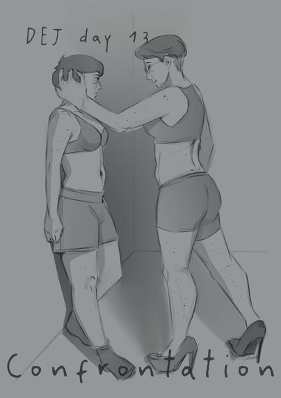 A grayscale illustration depicting two figures. One figure stands confidently, wearing high heels and facing another figure standingnon a wall, who appears uncertain. The right person has one hand in the hair of the other person. The gesture seems gentle.