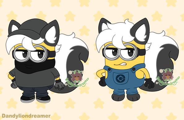 two images of a skunk fursona redesigned to look like a minion from the movie despicable me

the first outfit they are wearing a grey hat, grey shirt, black mask, grey gloves, grey pants, and black shoes

the second outfit they have the regular blue jean minion overalls and black gloves