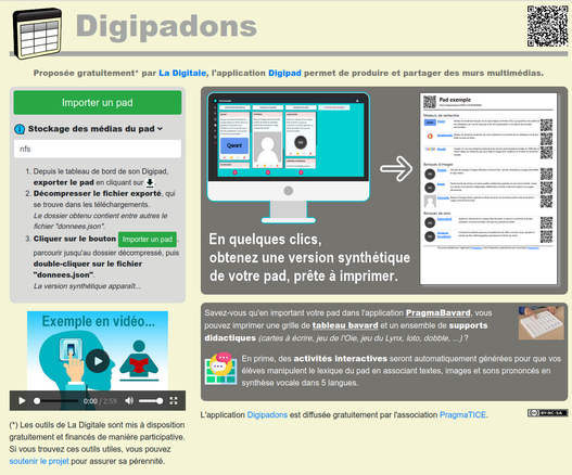 Capture d'écran de l'application en ligne Digipadons.