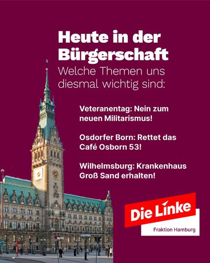 Titelbild mit dem Schriftzug „Heute in der Bürgerschaft – Welche Themen uns diesmal wichtig sind“. Aufgelistet werden: 1. Veteranentag: Nein zum neuen Militarismus! 2. Osdorfer Born: Rettet das Café Osborn 53! 3. Wilhelmsburg: Krankenhaus Groß Sand erhalten! Im Hintergrund das Hamburger Rathaus. Logo der Fraktion DIE LINKE Hamburg unten rechts.