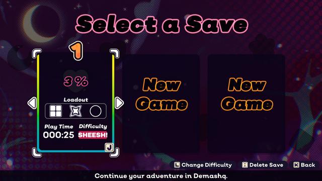 Save file screen for Spirit Swap with the first save file at 3% completion and difficulty set to SHEESH!