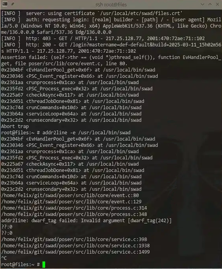 swad printing a stacktrace for a failed assert, filtering that with "addr2line" to obtain more useful information.