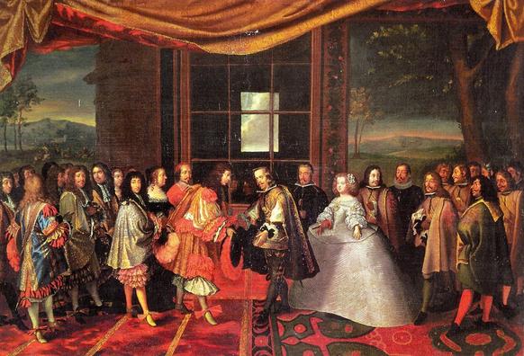 Jacques Laumosnier, Meeting of Louis XIV. of France and Philipp IV. of Spain on  Pheasant Island, 1659, Musée de Tessé, https://commons.wikimedia.org/wiki/File:Traite-Pyrenees.jpg

Here the negotiations for the peace treaty of the Pyrenees had taken place in a surrounding that communicated symmetry and equality.