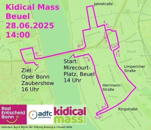 Streckenverlauf der Kidical Mass: Am 28.6.2025 ist Treffpunkt um 14 Uhr in Beuel, wo eine Schleife gedreht wird. Ende ist dann auf der anderen Rheinseiten vor der Oper.