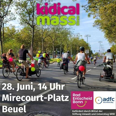 Werbeflyer für die Kidical Mass am 28.6.2025. Treffpunkt um 14 Uhr in Beuel. Zu sehen sind bunt geschmückte Fahrräder auf einer Hauptstraße.
