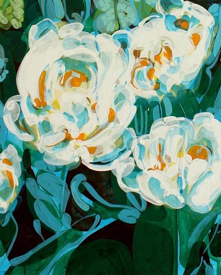A close-up detail of an acrylic painting of abstracted white tulips amidst green foliage in moody blues and greens. The detail shows three white tulip flowers looking bushy and big in layers of thinly applied paint in the shape of elongated ellipses and lines.