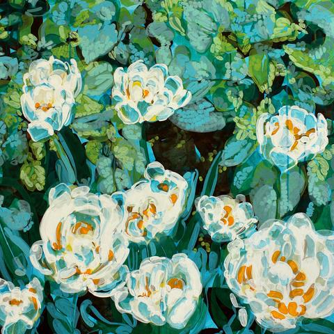 A vertical composition of abstracted white tulips with orange stamens amidst teal, turquoise, and light green foliage. The flower petals have fallen messily open. The foliage and flowers are painted in layers of lozenges and sinuous lines.