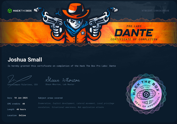 Hack The Box prolab: Dante complete.