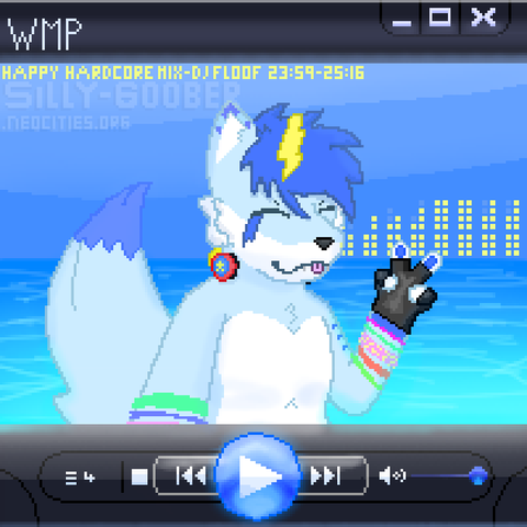 A floof holdin a peace sign infront of a beastiful and vibrant aquatic visuaizer on Windows Media Player 10