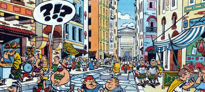 Straßenszene mit vielen Menschen auf der Straße. Asterix und Obelix gehen staunend durch die Straßen von Rom.