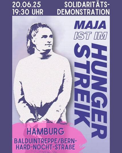 Ein Bild von Maja im Rollkragenpullover, mit Zopf, die Hände mit Handschellen gefesselt Dazu die im obigen Text gegebenen Infos
