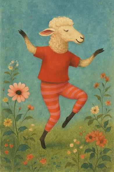 KI-Bild (GPT1 Medium):

Schafi tanzt! Es trägt ein rotes Shirt und orange-rosa geringelte Leggings und macht seine morgendlichen Dancemoves auf der sommerlich blühenden Wiese.