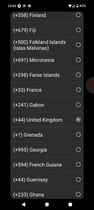 A screenshot from a mobile phone showing a drop down list on the Google page, the list starts with Finland, goes on to Micronesia, then France, then Gabon, then United Kingdon, then Georgia, then ends with Ghana.
It is entirely unclear what order the list is in or where you might find the country you are looking for.