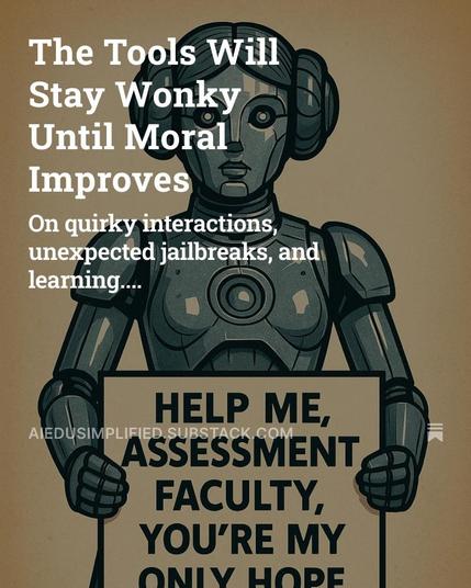 A stylized, vintage poster-like image of a humanoid robot with a metallic body and hairstyle resembling Princess Leia from Star Wars. The robot holds a sign reading, "HELP ME, ASSESSMENT FACULTY, YOU’RE MY ONLY HOPE." Overlaid text at the top left reads, "The Tools Will Stay Wonky Until Moral Improves — On quirky interactions, unexpected jailbreaks, and learning...."