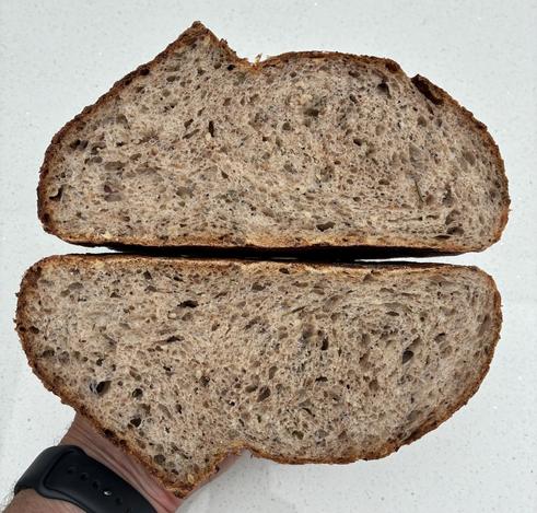 Crumb shot showing a darker loaf using 15% black wheat.