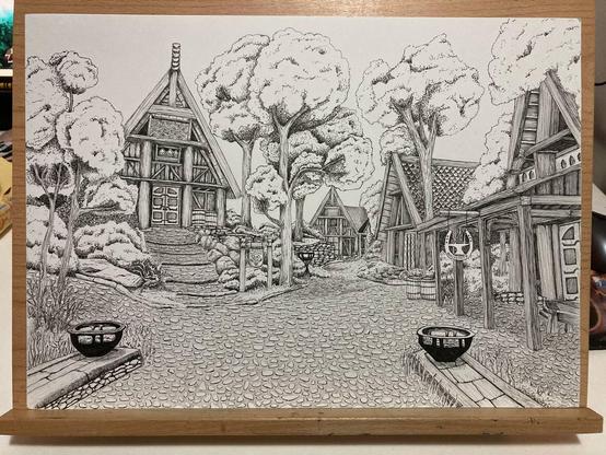 illustrazione della città di Whiterun (skyrim) ad inchiostro su carta