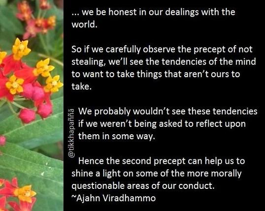 ... we be honest in our dealings with the world.
So if we carefully observe the precept of not stealing, we’ll see the tendencies of the mind to want to take things that aren’t ours to take.
We probably wouldn’t see these tendencies if we weren’t being asked to reflect upon them in some way.
Hence the second precept can help us to shine a light on some of the more morally questionable areas of our conduct.
~Ajahn Viradhammo