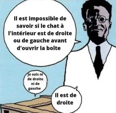 meme : Shroedinger devant une boîte.
texte : 
- il est impossible de savoir si le chat à l'intérieur est de droite ou de gauche avant d'ouvrir la boîte
- (une bulle sort de la boîte) je suis ni de droite ni de gauche
- il est de droite.