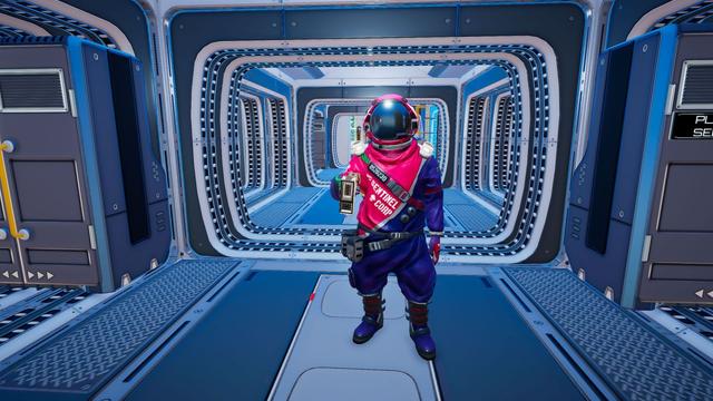Screenshot of game Planet Crafter, picture of another player inside a spacebase, wearing a pink spacesuit