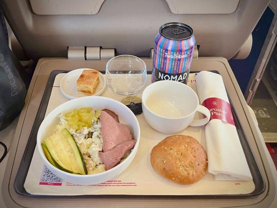 Roast beef bowl with horseradish and lovage potato salad, green beans and courgettes, apricot bakewell. And a craft beer brewed exclusively for Eurostar!