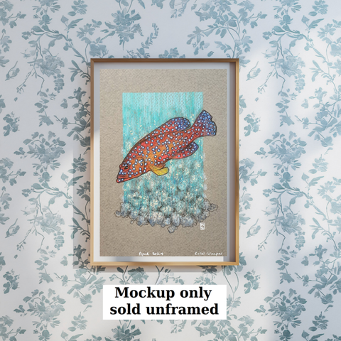 A colour drawing of a coral grouper fish, a red fish with blue dot markings.
An original art work
Colour pencil and mixed media on acid free toned artist paper
5 by 7 inches (12.7 by 17.8 cm). This is a standard photo size in the UK and USA and should be easy to DIY frame.
Sold unframed