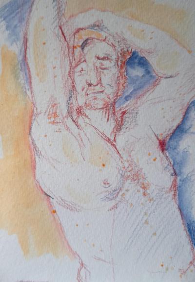 A drawing in watercolor pencils of reclined barechested blond man