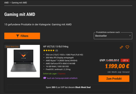 Screenshot of https://www.notebooksbilliger.de "Gaming with AMD" category. The top entry is a HP laptop with an "AMD GeForce RTX 4060" GPU.

(The GeForce RTX 4060 is made by NVIDIA, not AMD)