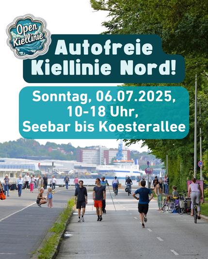 Text wie im Tröt. Hintergrundbild: Menschen auf einer autofreien Kiellinie Nord.