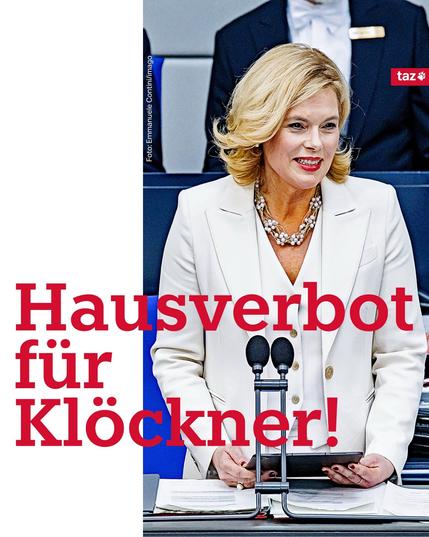 Zu sehen ist Julia Klöckner im Bundestag, elegant gekleidet, scheinbar souverän hinter dem Rednerpult. Doch der große rote Schriftzug „Hausverbot für Klöckner!“ konterkariert das Bild mit einer klaren Botschaft: Wer beim CSD die Regenbogenfahne ablehnt und sich immer weiter nach rechts außen positioniert, verliert die moralische Legitimation, in einem demokratischen Haus zu sprechen. Das Bild symbolisiert die Forderung nach einer klaren Abgrenzung gegenüber Intoleranz – selbst dann, wenn sie aus der politischen Mitte zu kommen scheint.

⸻

📷 Image Description (English):

The image shows Julia Klöckner in the German Bundestag, elegantly dressed and standing confidently at the podium. Yet the bold red overlay “Ban Klöckner from Parliament!” starkly challenges her presence. The background: Klöckner’s rejection of the rainbow flag at the CSD and her increasingly right-leaning stance raise serious questions about her commitment to the values of tolerance and democracy. This image demands a firm stance: those who marginalize must not represent the democratic center.🖖