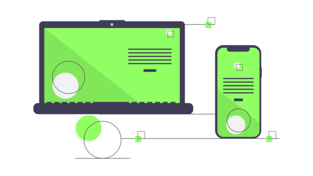Illustration showing a laptop with a green screen and a phone also with a green screen. Around them, there are some forms such as circles, lines and squares