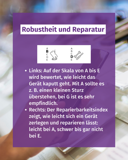 Ausschnitt eines Bereichs des Energielabels und Text: "Robustheit und Reparatur. Links: Auf der Skala von A bis E wird bewertet, wie leicht das Gerät kaputt geht. Mit A sollte es z. B. einen kleinen Sturz überstehen, bei G ist es sehr empfindlich. Rechts: Der Reparierbarkeitsindex zeigt, wie leicht sich ein Gerät zerlegen und reparieren lässt: leicht bei A, schwer bis gar nicht bei E."