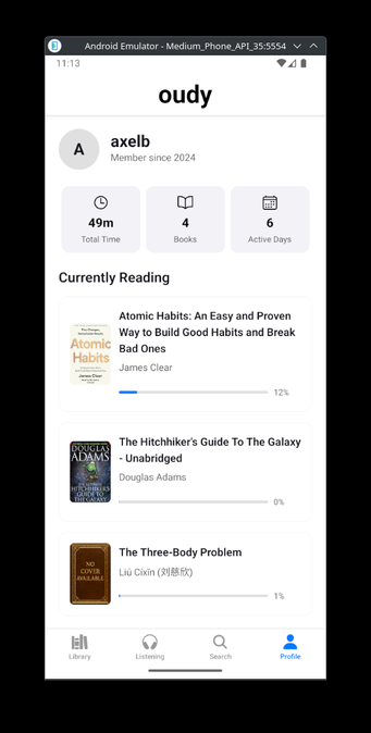 An image of a Android Emulator runnig the oudy audiobook app.
The app shows the the Profile tab of the app, showing some stats about the user and the three most recently listened to books.
