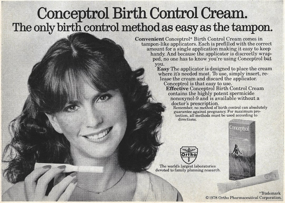 A woman smiles into the camera while holding an applicator for a birth control cream. She states the only birth control method is easy as a tampon.